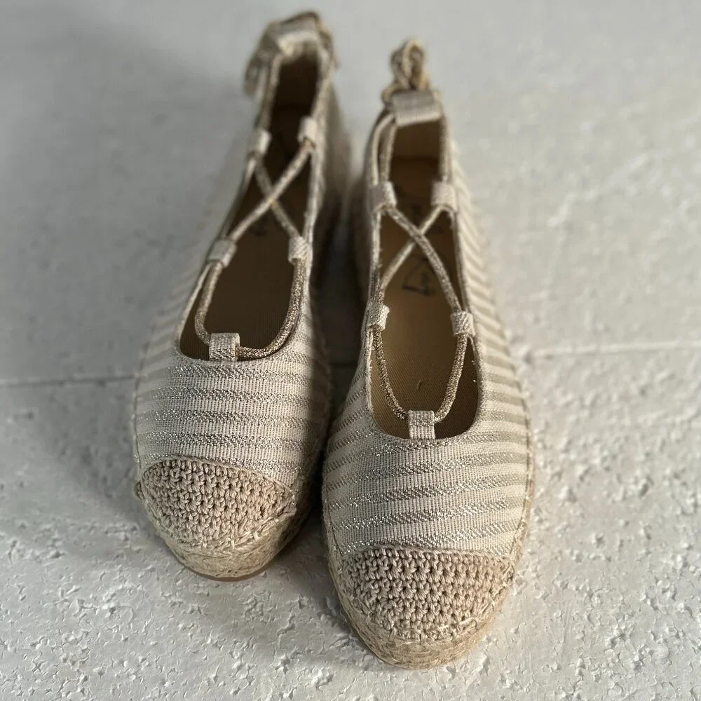London Rag NWOT SZ6 Gold Stripe Oplin Womens Espadrille Shoes Cottage Boho Comfy
